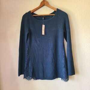 White House Black Market Top Lace Back Teal Knit Light Sweater Sz XS Long Sleeve